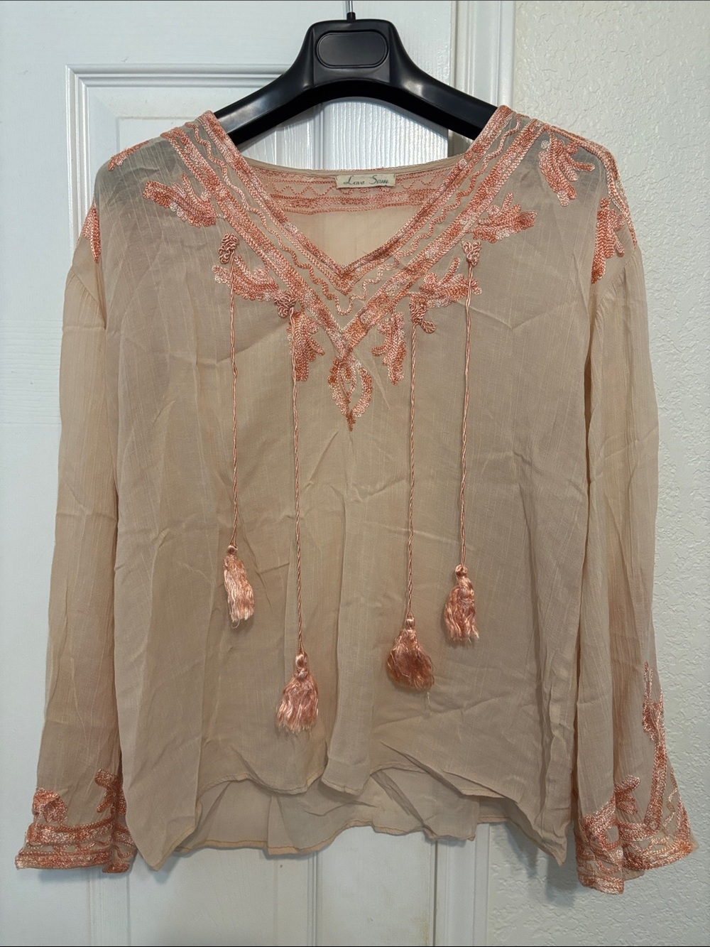 Love Sam Beige Tunic with Peach Beaded Embroidery and Tassels